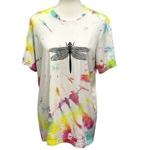 Hand Printed Upcycled Womens Large Tie Dye Dragonfly PolyCotton Short Sleeve Tee